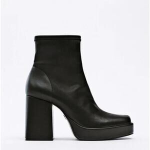 ZARA Faux Leather Platform Ankle Boots Square Toe Chunky Block Heeled, Black